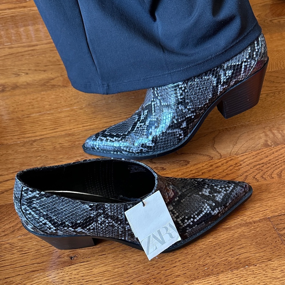 Zara Black and Gray Snake Print Ankle Boots